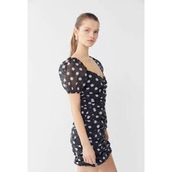 URBAN OUTFITTERS Puff Sleeve Polka Dot Mini Dress Small S Black White - Picture 3 of 11